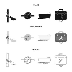 水表浴缸等设备。水暖套装集合图标黑色, 单色, 轮廓样式矢量符号股票插画网站
