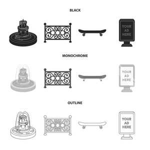 喷泉, 栅栏, 滑板, 广告牌。公园集合图标黑色, 单色, 轮廓样式矢量符号股票插画网站