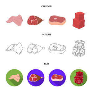 鸡肉翅, 火腿, 生牛排, 牛肉立方体。肉类集合图标在卡通, 轮廓, 平面风格矢量符号股票插画网站