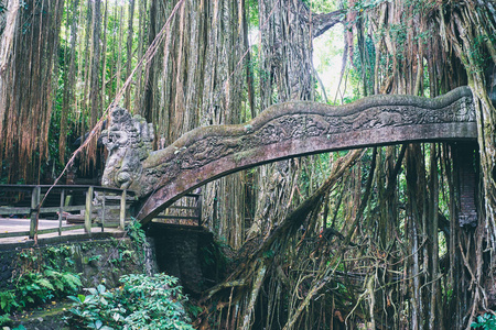 梦幻猴森林与巴龙狮桥和印度教寺庙的超现实主义色彩。巴厘岛, 印度尼西亚