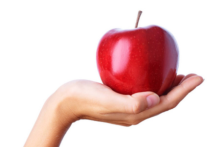 闭上拍摄的女性手捧着新鲜的苹果照片