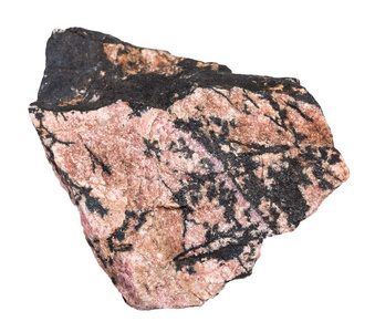 乌拉尔山白背景天然矿物粗 Rhodonite 石的宏观拍摄