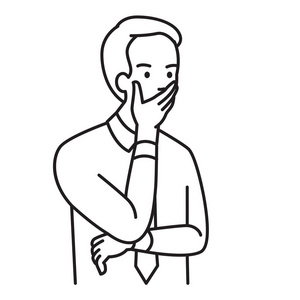 商人用手捂住嘴巴, 严肃地看着.