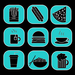 矢量图标的膳食, 饮料, 快餐在绿松石和黑色背景广告