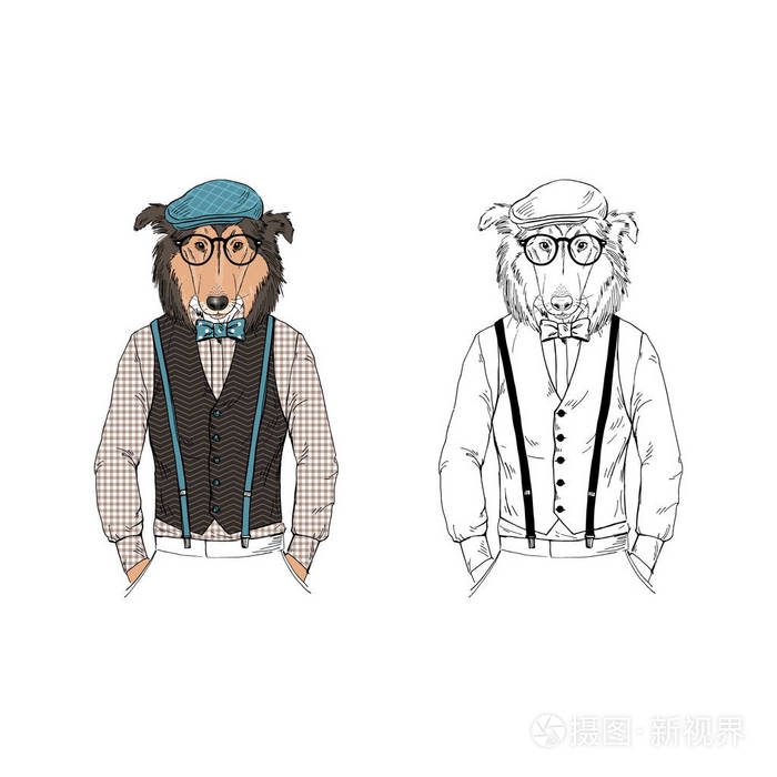 牧羊犬装扮成复古风格 拟人化动物插画插画 正版商用图片0ullny 摄图新视界