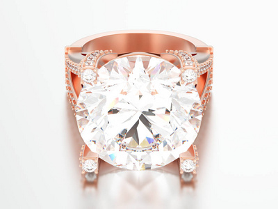 3d 插图玫瑰金色纸牌订婚装饰钻石戒指灰色背景