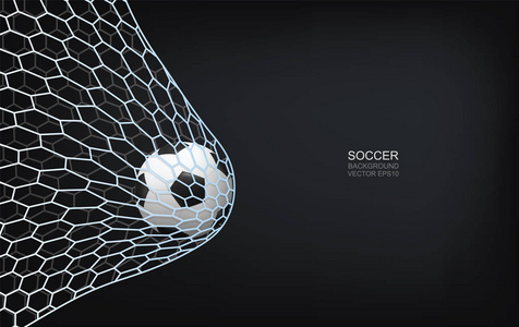 足球足球和足球网在黑色背景与区域为平面设计和文本。矢量插图