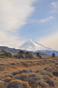 Lanin 火山是阿根廷和智利边境上一个冰层的锥形胡德雪山。它构成了二个国家公园的部分 Lann 在阿根廷和比亚里卡在智利