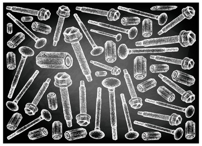 制造业和工业, 插画手绘素描壁纸电梯螺栓螺纹切割机螺钉和黑色黑板上的联轴器螺母背景