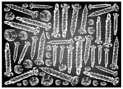 制造和工业, 插图手绘素描壁纸的背景螺钉和螺母。一种用于将材料固定在黑色黑板上的紧固件类型