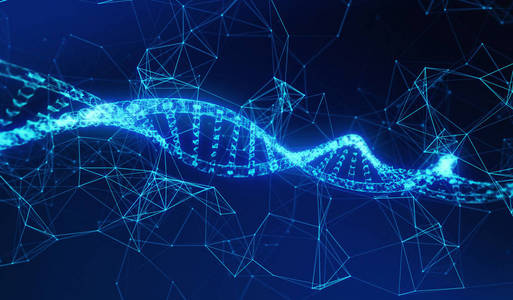 Dna, 螺旋模型医学和网络连接线为技术概念在蓝色背景, 3d 例证