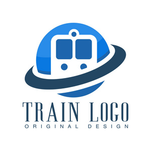 火车标志原创设计, 蓝色铁路运输徽章矢量插图照片