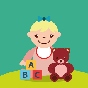 可爱的小女孩和泰迪熊块字母玩具