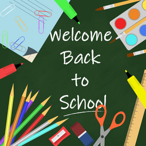 欢迎回到学校的背景与学校用品, 黑板和文字。矢量插图