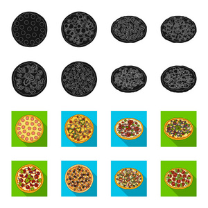 比萨饼配肉, 奶酪和其他馅料。不同的比萨集合图标在黑色, flet 风格矢量符号股票插画网站