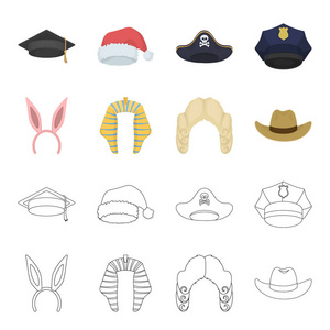 兔子耳朵, 法官假发, 牛仔。帽子集合图标在卡通, 轮廓风格矢量符号股票插画网站
