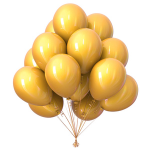 气球黄色鲜艳发亮。生日派对气球束装饰。节日活动, 周年纪念象征。3d 插图
