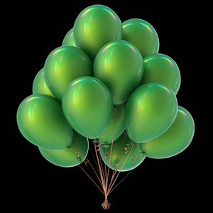 节日气球束绿色的颜色。周年装饰。3d 图, 在黑色上隔离