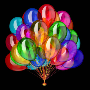 派对气球五颜六色, 生日快乐氦气球束, 节日装饰多彩多姿。不同的颜色庆祝符号。3d 图, 在黑色上隔离