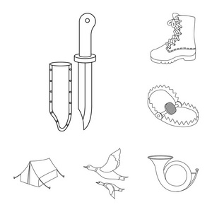 狩猎和奖杯轮廓图标集合中的设计。狩猎和设备矢量符号库存 web 插图