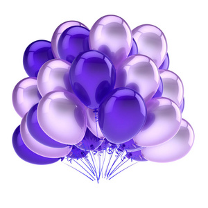 气球蓝紫, 派对生日嘉年华装饰。氦气球束光泽。节日纪念日庆典贺卡设计元素。3d 插图