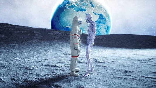 宇航员在月球上与外星人。3d 渲染
