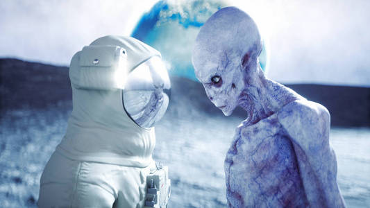 宇航员在月球上与外星人.3d 渲染照片