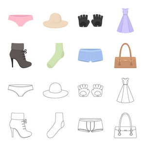 女式靴子, 袜子, 短裤, 女士包。服装套装集合图标卡通, 轮廓风格矢量符号股票插画网站