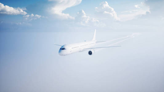 乘客飞行飞机。日光, 云层飞机的凝结痕迹3d 渲染