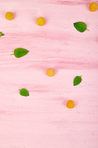 平躺模式与黄色覆盆子和薄荷叶在粉红色的背景。健康饮食食品概念