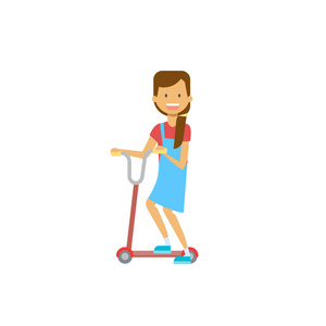 年轻女孩骑踢踏板车在白色背景。卡通全长字符。平面样式