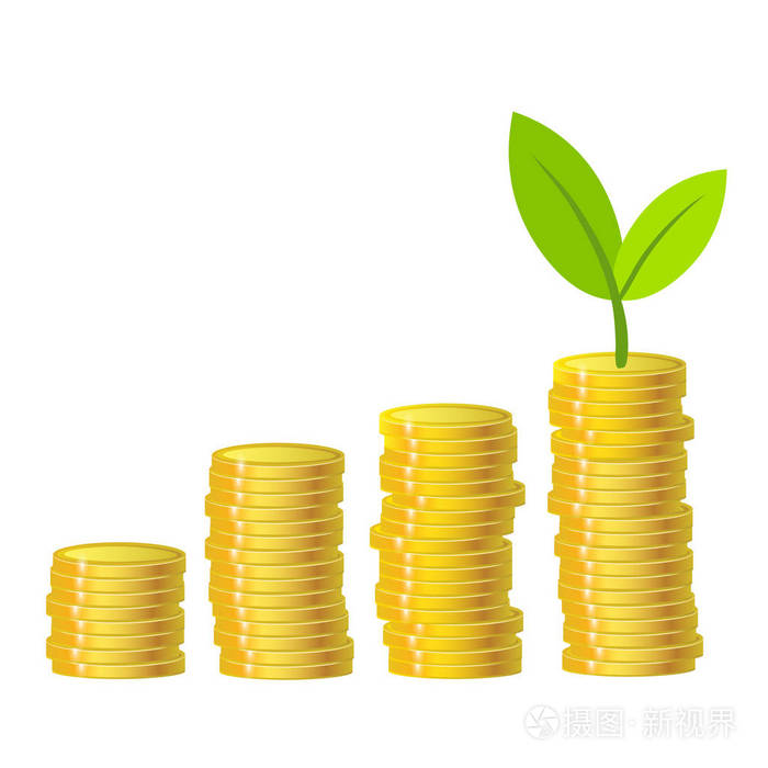 绿色植物和金币硬币在白色背景。成长基金的经济理念。色彩鲜艳的设计。股票矢量图