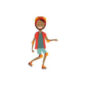 非洲男孩孩子穿着膝和肘垫概念。滚路车平面样式字符