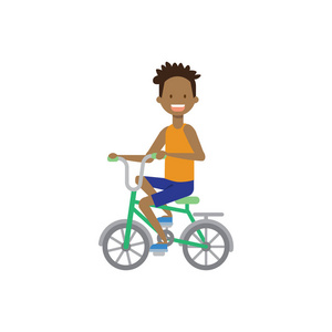 非洲男孩骑自行车的概念。循环轨道。平面样式字符