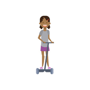 非洲年轻女孩骑马踢电动滑板在白色背景。卡通全长字符。平面样式