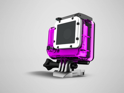 紫色铰链头盔机箱中的动作摄像机3d 渲染灰色背景阴影