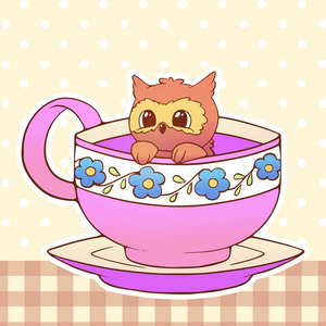 猫头鹰可爱的小滑稽可爱动物宠物例证在茶咖啡杯卡通矢量打印插图