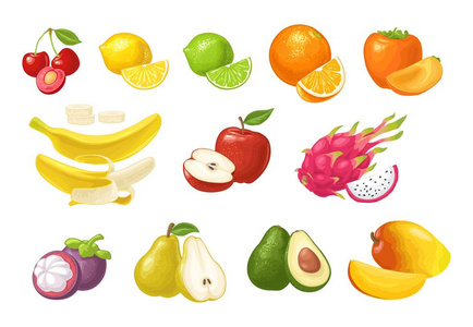 设置水果。樱桃, 柠檬, 石灰, 橙, 柿子, 香蕉, 苹果, 龙, 山竹, 鳄梨, 梨, 芒果。在白色上隔离的矢量彩色平面插图