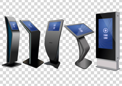 五宣传互动信息亭, 广告展示, 终端展台, 触摸屏显示屏在透明背景下隔离。模拟模板