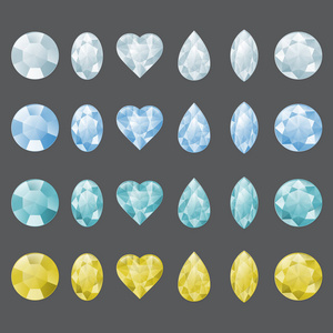 一套不同颜色的宝石。说明钻石, 蓝宝石, 水晶, 锆石或其他宝石
