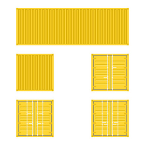 一套不同观点的黄色货物运输集装箱的物流运输和航运的白色背景
