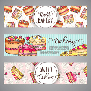 蛋糕横幅与 handdrawn akes 和粉红色飞溅。甜美的糕点标语。面包店甜点收集媒介