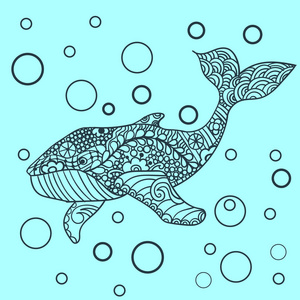 鲸鱼, zentangle 打印, 成人着色页。手绘艺术, 观赏花纹鲸鱼插图。海洋动物收藏, t恤设计
