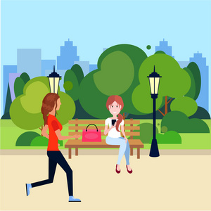 公共城市公园妇女户外奔跑坐木凳路灯绿色草坪树在城市建筑模板背景平面