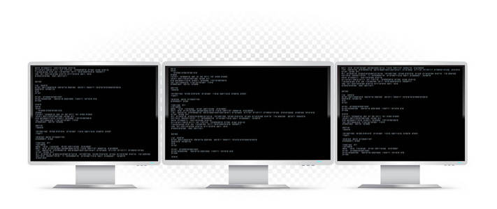 三台计算机在透明背景下监视代码。三级监控电脑超宽屏幕设备。Pc 桌面编程模板