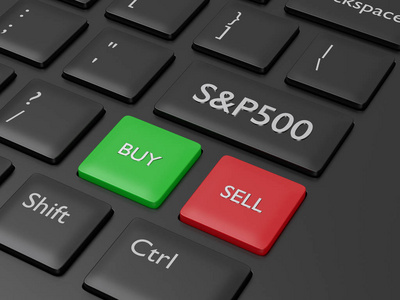 3d. 使用 S 和 P 500 索引按钮渲染电脑键盘特写。股票市场指数概念