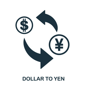 美元到日元的图标。移动应用程序, 打印, 网站图标。简单的元素唱歌。单色美元到日元图标插图