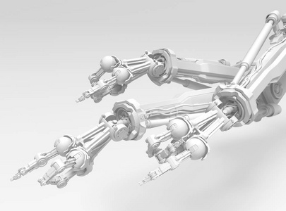 机器人手臂与三个手指白色, 束, 3d 插图, 水平背景