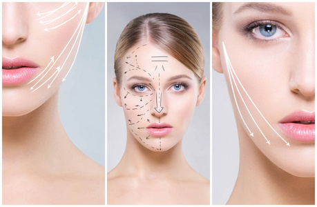 人脸在拼贴画。整形外科医学水疗及面部提升概念收集的年轻健康女性