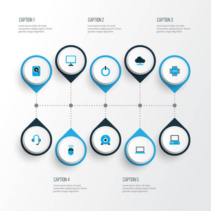 计算机图标与计算机耳机硬盘和其他照相机元素一起设置颜色。独立插图计算机图标